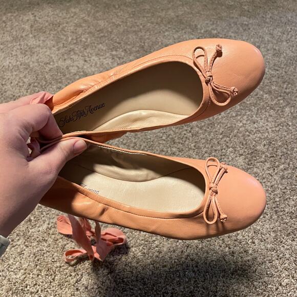 Saks Fifth Avenue SZ 7.5 Ribbon Wrap Up Ballet Flats Salmon Pink Balletcore Girl - Picture 3 of 7
